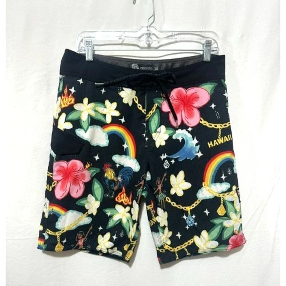 Volcom Men's Size 30 Black Multicolor Hawaiian Print Mod Tech Board Shorts